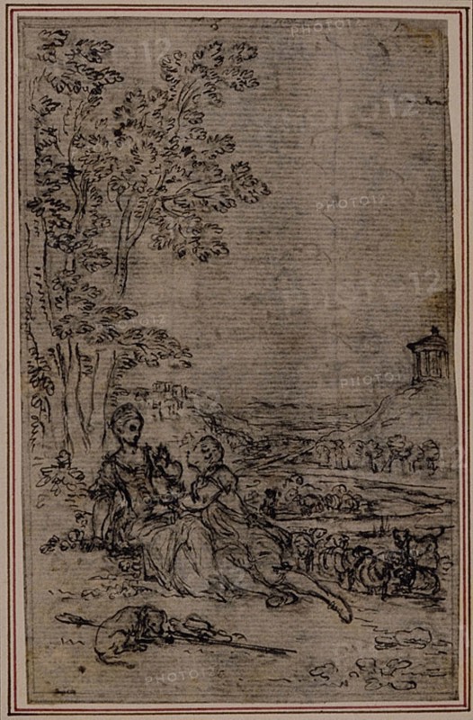 Study for Vignette in Fontanelle’s (attr.) Les Amours de Mirtil, Canto I, c. 1761, Hubert François Gravelot, French, 1699-1773, France, Pen and black ink over black chalk, on gray laid paper, laid down on ivory laid paper, 114 × 72 mm