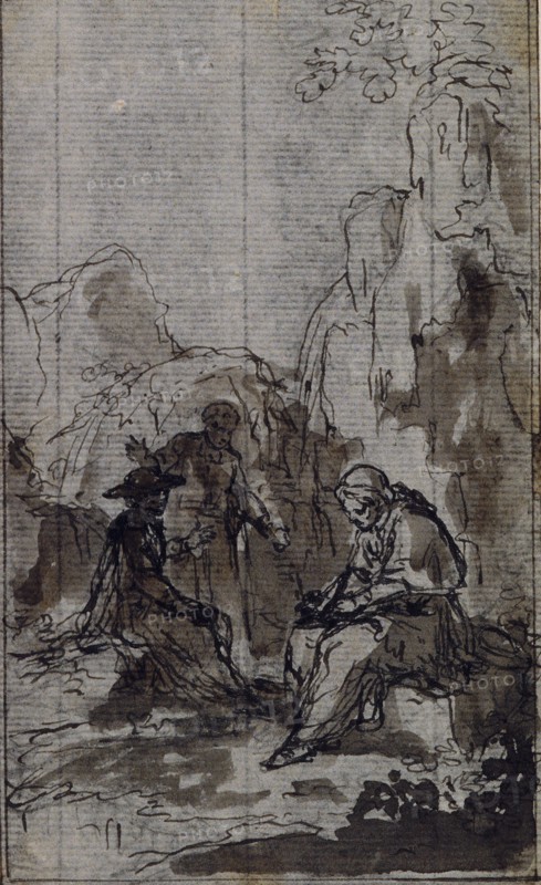 Study for Vignette in Abbé Dinouart’s Vie du Venerable don Juan de Palafox, p. 391, c. 1767, Hubert François Gravelot, French, 1699-1773, France, Pen and gray ink with brush and gray-brown wash, with graphite, on gray laid paper, laid down on cream laid paper, 129 × 78 mm