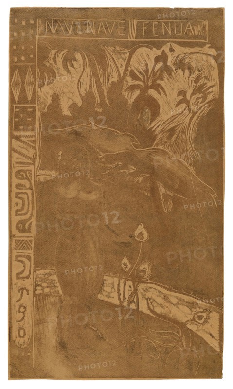 Nave nave fenua (Delightful Land), from the Noa Noa Suite, 1893–94, Paul Gauguin, French, 1848-1903, France, Wood-block print in residual brown and black inks, with selective wiping, a transferred twill impression, and touches of hand-applied dark brown ink, on thin, pale-pink wove paper (faded to tan), 355 × 205 mm (image), 358 × 208 mm (sheet)