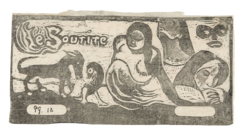Three People, a Mask, a Fox, and a Bird, headpiece for Le sourire, 1899, Paul Gauguin, French, 1848-1903, France, Wood-block print in black ink on thin ivory laid Japanese paper, 90 × 185 mm (image), 94 × 186 mm (sheet)