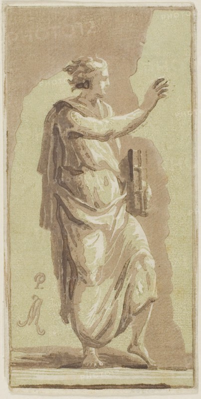 Young Man Standing, 1721, Conte Anton Maria Zanetti, Italian, 1680–1767, Italy, Chiaroscuro woodcut in green, light brown, medium brown, and dark brown on cream laid paper, 161 x 80 mm (image/sheet, trimmed to block)