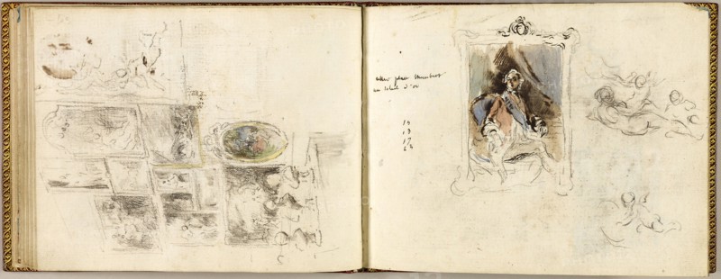 Sketchbook, c. 1760–64, Gabriel Jacques de Saint-Aubin, French, 1724-1780, France, Graphite, pen, wash and watercolor on paper, 130 × 172 mm