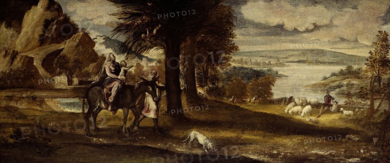 The Flight into Egypt, 1540/50, Unknown Venetian, Italian, 16th Century, Attributed to Andrea Meldolla Schiavone, Italian, 1522-1564, Venice, Oil on canvas, 42 x 98 cm (16 1/2 x 38 1/2 in.)