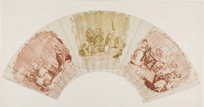Plates four, five, and six from A Harlot’s Progress, 1732/61, William Hogarth, English, 1697-1764, England, Three etchings from three plates, two in red ink and one in olive green ink, on cream wove paper, laid down on off-white laid paper, 130 × 155 mm (image/plate, left), 130 × 150 mm (image/plate, center), 144 × 140 mm (image/plate, right), 155 × 501 mm (primary support), 296 × 510 mm (secondary support)
