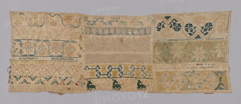 Sampler, 1803, Mexico, México, linen, tabby weave, embroidered in silk, 37.2 x 99.1 cm (14 5/8 x 39 in.)