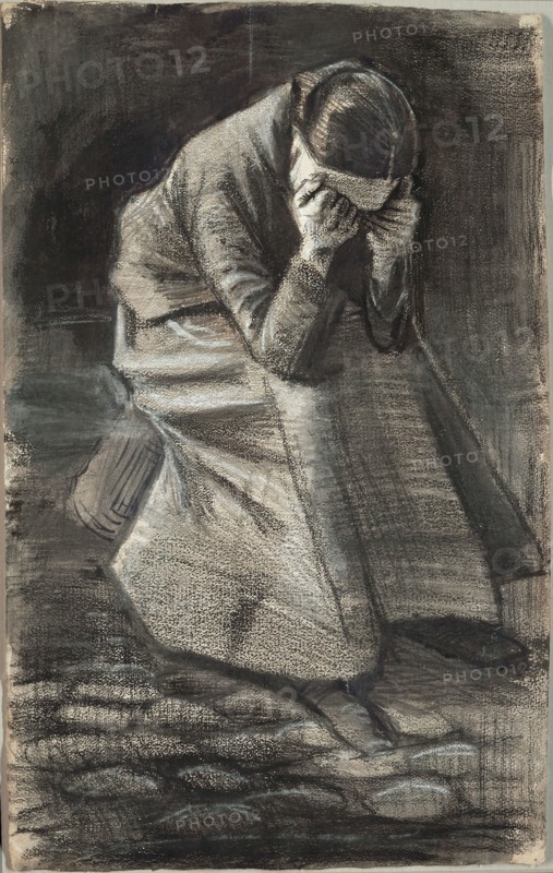 Weeping Woman, 1883, Vincent van Gogh, Dutch, 1853-1890, Netherlands, Black and white chalk, with brush and stumping, brush and black and grey wash, and traces of graphite, over a brush and brown ink underdrawing on ivory wove paper, 502 x 314 mm