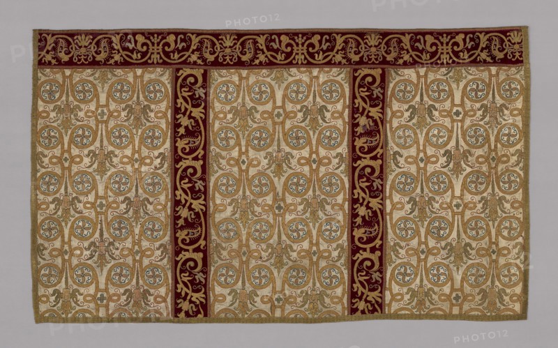 Altar piece (part of a chasuble), 17th century, Spain, White satin embroidered with couched rose, blue, and gold cord. Red velvet orphrey., 101.8 x 170.7 cm (40 1/8 x 67 1/4 in.)