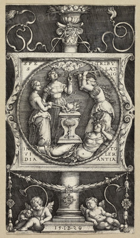Bookplate of Willibald Pirckheimer, 1529, Master I.B. (possibly Georg Pencz, German, c. 1500-1550), after Albrecht Dürer (German, 1471-1528), Germany, Engraving in black on ivory laid paper, 150 x 85 mm (image/plate/sheet)