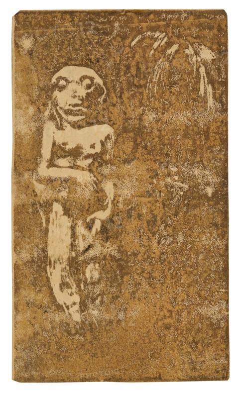 Oviri, 1894, Paul Gauguin, French, 1848-1903, France, Wood-block print, printed twice in deep-yellow ocher and brown ink, with touches of black watercolor, on cream wove paper (an imitation Japanese vellum), mounted on mottled blue wove laminate card (recto), wood-block print in black ink over red ink tone block, and brush and solvent-thinned orange wash, on cream wove paper (an imitation Japanese vellum) mounted on mottled blue wove laminate card (verso), 205 × 119 mm (image), 207 × 121 mm (sheet), 230 × 316 mm (secondary support)