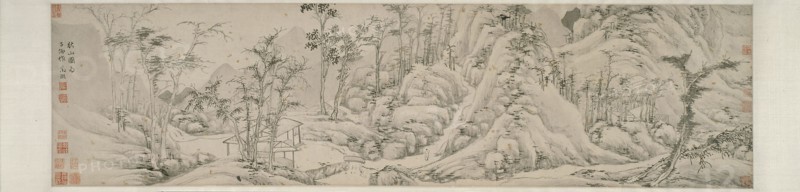 Autumn Mountains, Ming dynasty (1368–1644), early 16th century, Wen Zhengming, Chinese, 1470-1559, China, Handscroll, ink on gold-flecked paper, 31.8 × 120.8 cm