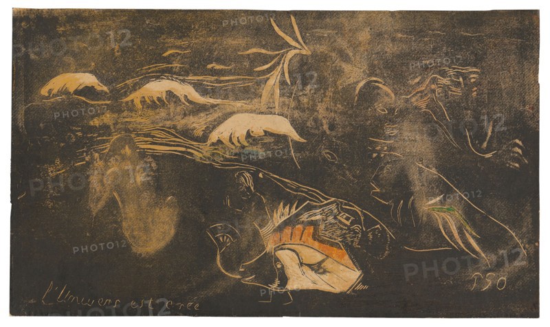 L’univers est créé (The Universe Is Being Created), from the Noa Noa Suite, 1893–94, Paul Gauguin, French, 1848-1903, France, Wood-block print, printed in black ink with traces of residual brown ink, with selective wiping, over solvent-thinned and transferred and stenciled yellow, orange, red, blue, and green oil-based media, some containing beeswax and conifer resin (probably pine resin), with touches of brush and black ink, on medium-weight, smooth, pink wove paper (faded to tan), 203 × 350 mm (image/sheet)