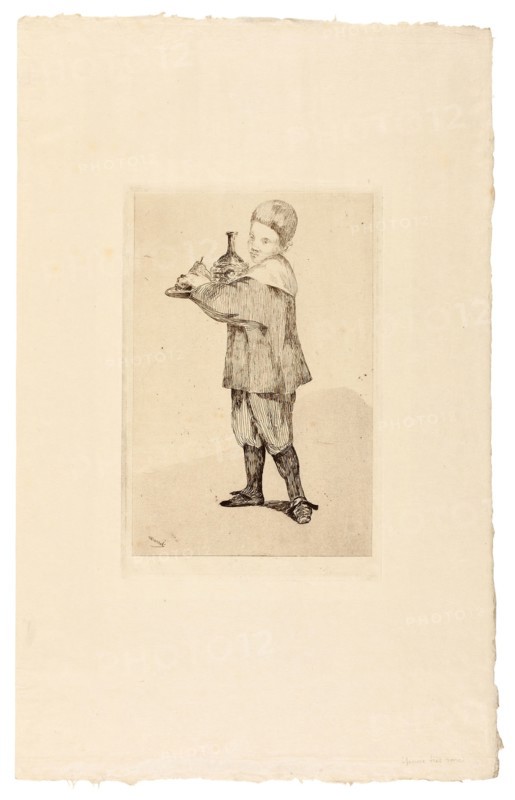 The Boy Carrying a Tray, 1862, Édouard Manet, French, 1832-1883, France, Etching and aquatint in black on cream Japanese paper, 222 × 145 mm (image), 241 × 159 mm (plate), 467 × 298 mm (sheet)