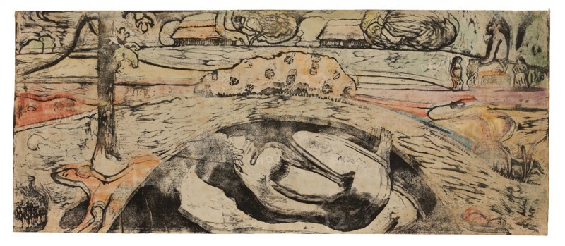 Manao tupapau (She Thinks of the Ghost or The Ghost Thinks of Her), 1894/95, Paul Gauguin, French, 1848-1903, France, Wood-block print, printed twice in black ink, with brush and stencil-applied red, orange, yellow, green, blue, violet, and brown watercolors on ivory Japanese paper, laid down on cream Japanese paper, 220 × 525 mm (image/sheet)