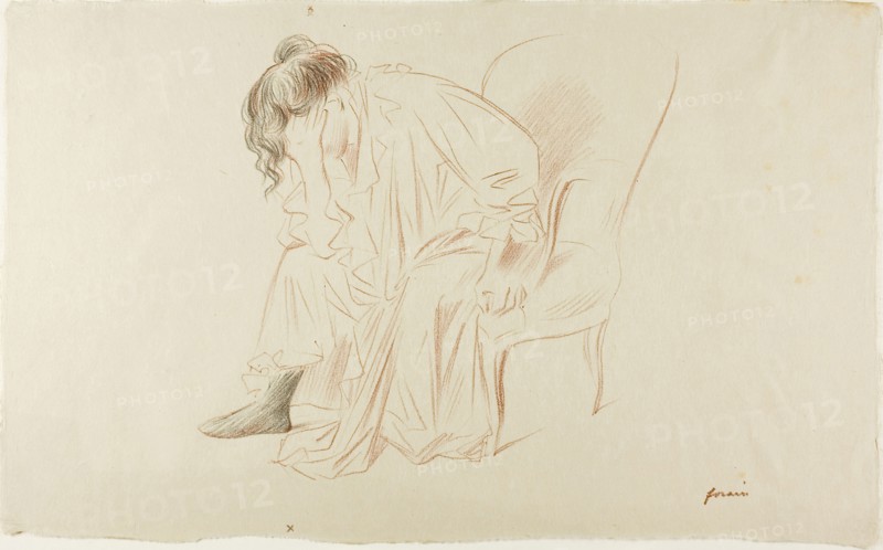 Seated Woman, Head in Right Hand, 1897, Jean Louis Forain, French, 1852-1931, France, Lithograph in sanguine and black on ivory wove paper, 202 × 220 mm (image), 244 × 397 mm (sheet)