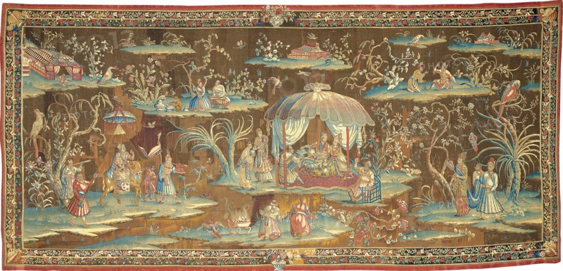 The Tent, from an Indo-Chinese or Indian Series, 1700/25, Woven at the workshop of John Vanderbank (died 1717), Michael Mazarind, or Leonard Chabaneix (died 1708/09), England, London, England, Wool and silk, slit and double interlocking tapestry weave, 482.8 × 230 cm (190 1/8 × 90 1/2 in.)