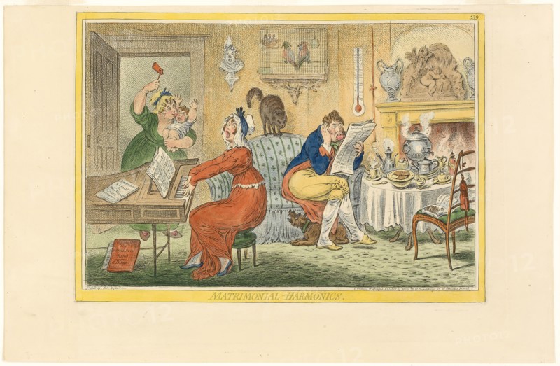 Matrimonial Harmonics (Recto), published October 25, 1805, James Gillray (English, 1756-1815), published by Hannah Humphrey (English, c. 1745-1818), England, Hand-colored etching on paper, 254 × 360 mm (image), 295 × 361 mm (plate), 314 × 484 mm (sheet)