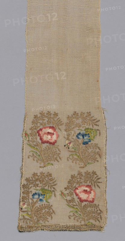 Sash, 18th century, Turkey, Turkey, linen(?), plain weave, embroidered with silk and gilt-metal-strip-wrapped silk in long and short, stem, fishbone, and satin stitches, applied gilt-metal-strip-wrapped silk edging at warp ends, silk and gilt-metal-strip-wrapped silk buttonhole variation edging along weft edge, 155 x 18.5 cm (61 x 7 1/4 in.)