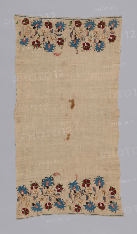Towel/Napkin, 17th century, Turkey, Turkey, Linen, plain weave, embroidered with silk in double running, twined double running and stem stitches, both selvages present, 92.5 x 48.8 cm (36 3/8 x 19 1/4 in.)