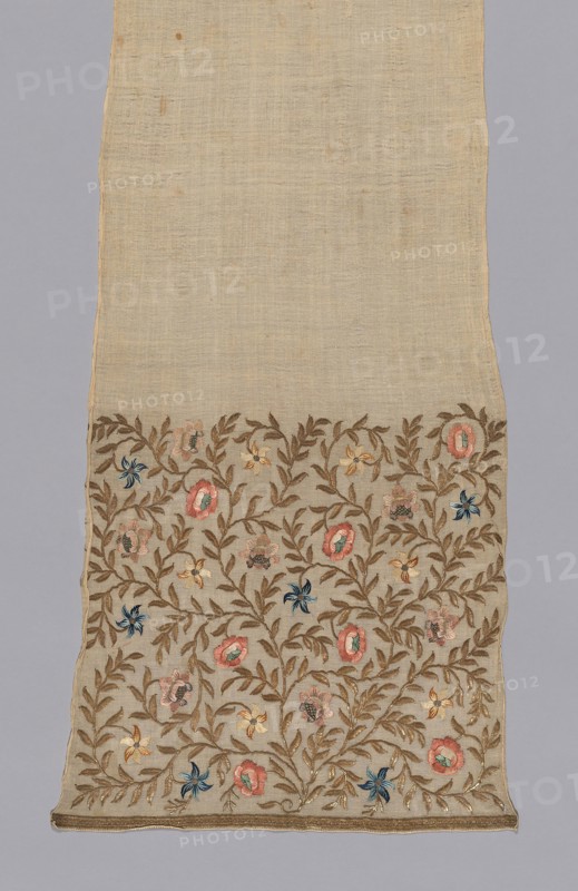 Sash, 1720–1800, Turkey, Turkey, Cotton, plain weave, embroidered with silk and metal-strip-wrapped silk, 215.5 x 37.2 cm (84 7/8 x 14 5/8 in.)