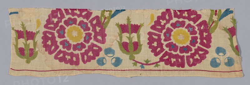 Fragment, 17th century, Turkey, Turkey, linen(?), plain weave, embroidered with silk in regular surface darning and surface darning on the diagonal, 15.2 x 51.4 cm (6 x 20 1/4 in.)