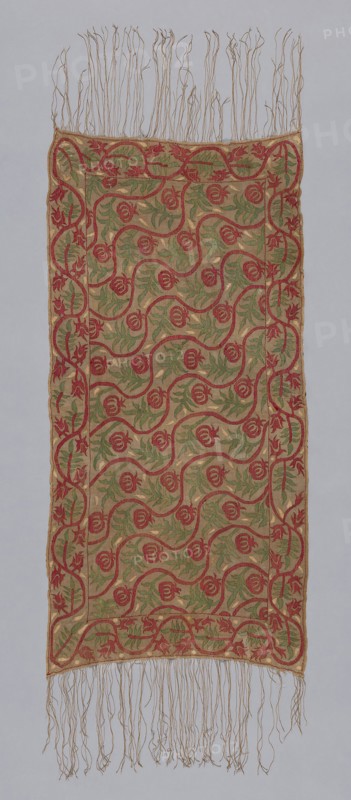 Cover, 17th century, Turkey, Turkey, Linen, plain weave, embroidered with silk floss in running stitches, pattern darning, main warp fringe, 160 x 57.4 cm (63 x 22 5/8 in.)