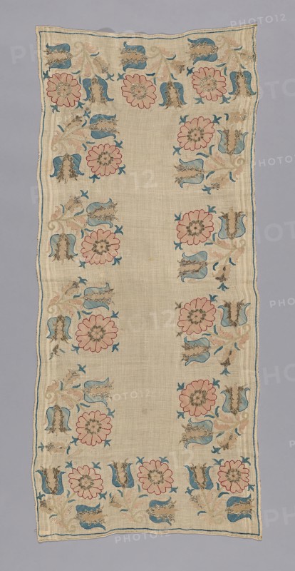 Cover (Possibly for a Tray), 18th century, Turkey, Turkey, embroidered in repeated tulips., 119 x 52.3 cm (46 7/8 x 20 5/8 in.)