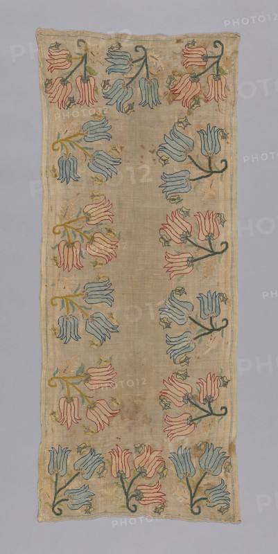 Tray Cloth or Cover, 18th century, Turkey, Turkey, embroidered in repeated tulips., 118.5 x 49.5 cm (46 5/8 x 19 1/2 in.)
