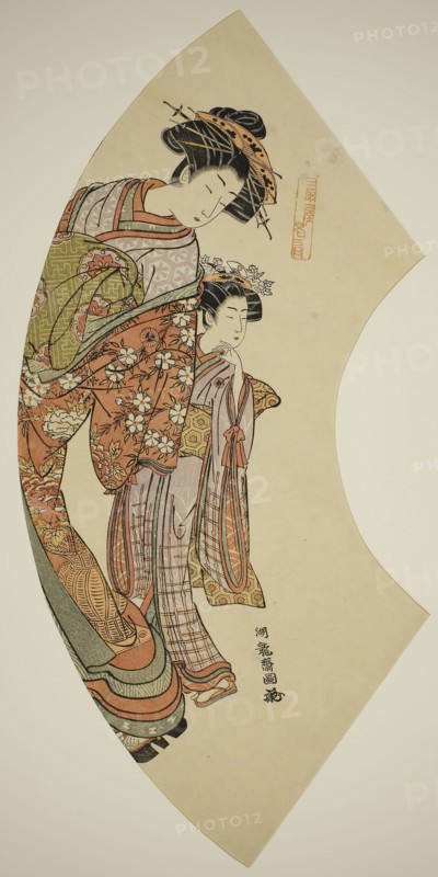 The Courtesan Hanaogi of the Ogiya and her attendant, from the series Fans of the East (Azuma ogi), c. 1777/78, Isoda Koryusai, Japanese, 1735-1790, Japan, Color woodblock print, aibaiban, 45.5 x 32.8 cm (17 7/8 x 12 7/8 in.)
