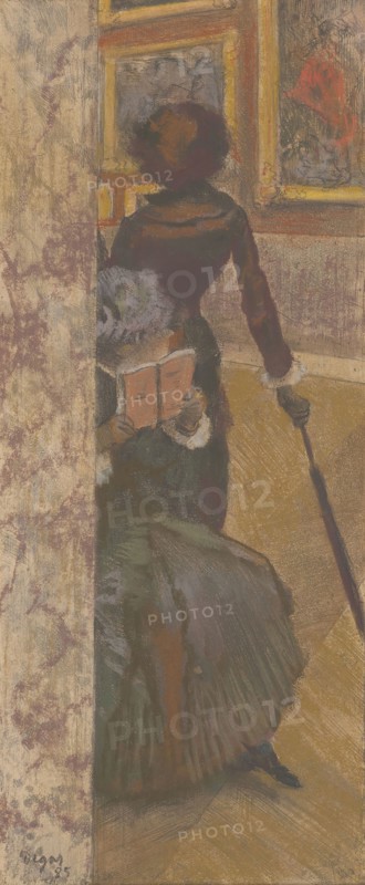 Mary Cassatt at the Louvre: The Paintings Gallery, 1885, Edgar Degas, French, 1834-1917, France, Pastel, over etching, aquatint, drypoint, and crayon électrique on tan wove paper, 305 × 127 mm (image/plate), 313 × 137 mm (sheet)