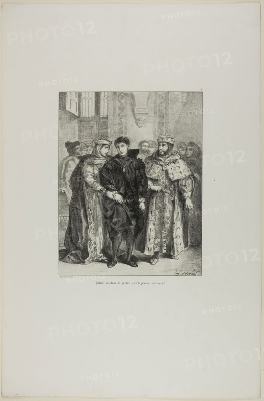 Hamlet and the Queen, plate 1 from Hamlet, 1834, Eugène Delacroix, French, 1798-1863, France, Lithograph in black on off-white China paper laid down on white wove paper, 254 × 198 mm (image), 545 × 361.5 mm (sheet)
