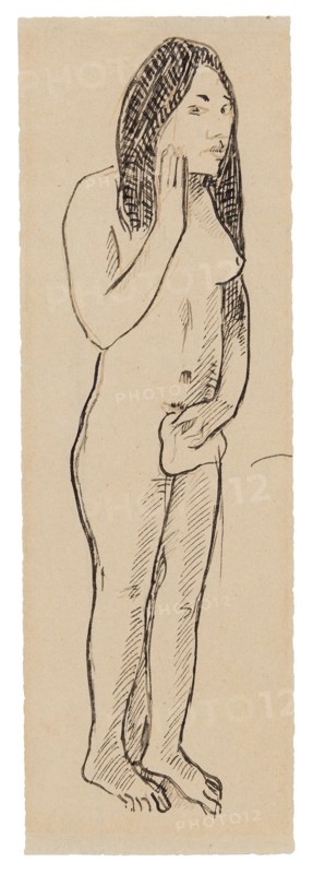 Tahitian Eve (related to the painting Parau ne te varua ino) (recto), Fragment of Inscription (related to Cahier pour Aline) (verso), 1891/93, Paul Gauguin, French, 1848-1903, France, Pen and brownish-black ink (originally dark purple), over pen and brown ink (originally purple) (recto) and graphite (verso) on cream wove paper (discolored to tan) (removed from a sketchbook), 225 × 73 mm