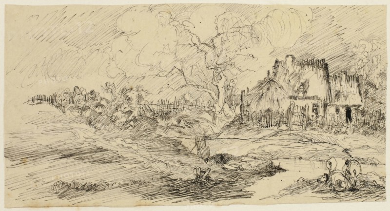 Country Landscape, n.d., Rodolphe Bresdin, French, 1825-1885, France, Pen and black ink, on cream tracing paper, laid down on ivory wove paper, 85 × 160 mm