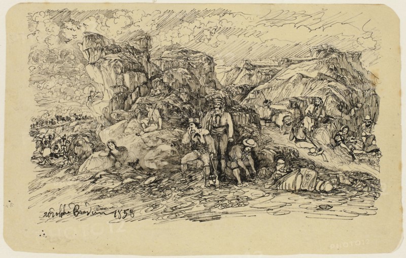 The Smugglers, 1858, Rodolphe Bresdin, French, 1825-1885, France, Pen and black ink, on cream wove paper, laid down on ivory wove paper, 139 × 222 mm