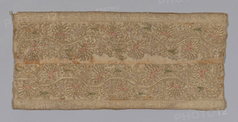 Fragment (Towel or Napkin), 1875/1900, Turkey, Turkey, Towel ends, embroidered in gold in design of running floral spray, 23.2 x 51.2 cm (9 1/8 x 20 1/8 in.)