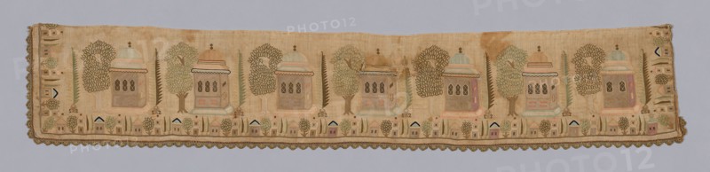 Fragment (from a Cover), 18th century, Turkey, Turkey, embroidered in design of kiosks, 14.3 x 78.5 cm (5 5/8 x 30 7/8 in.)
