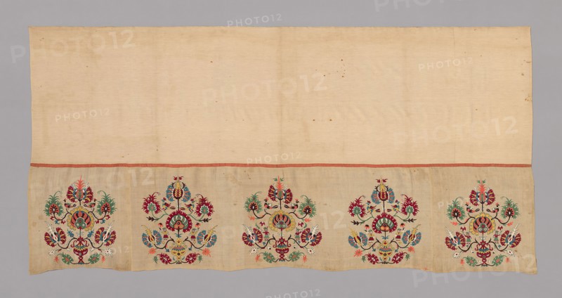 Bed Valance, 18th century, Greece, Northern Sporades Islands, Skíros, Skíros, Upper portion: cotton, plain weave, center band: silk, plain weave, lower portion: linen, plain weave, embroidered with silk in back, double running, running (pattern darning), satin, split, and stem stitches, 109.5 x 228.7 cm (43 1/8 x 90 in.)