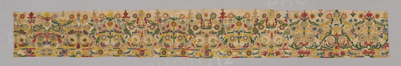 Border (For a Skirt), 18th century, Greece, Crete, Crete, Linen, plain weave, embroidered with silk in chain, closed herringbone, Cretan, open chain, overcast back, satin, single back, and stem stitches, French knots, six panels joined, 32.3 × 249.3 cm (12 3/4 × 98 1/8 in.)