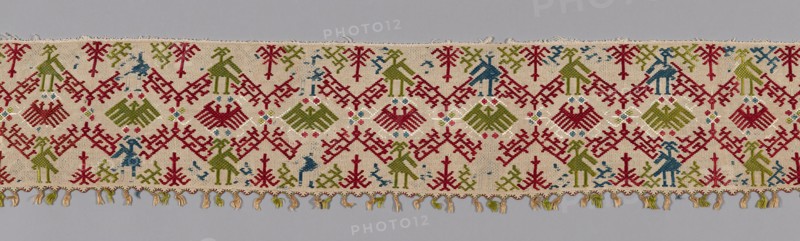 Fragment (For a Bed Curtain), 17th century, Greece, Cyclades Islands, Cyclades, Linen, plain weave, embroidered with silk in satin stitches, edged with silk in needle lace with attached silk tassels, 23.4 × 291.6 cm (9 1/4 × 115 1/2 in.)