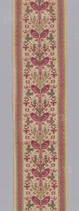 Panel (For a Bed Curtain), 17th century, Greece, Dodecanese Islands, Patmos, Pátmos, Linen, plain weave, embroidered with silk in cross, double running, running (pattern darning), satin, and stem stitches, 244.8 x 30.3 cm (96 3/8 x 11 7/8 in.)