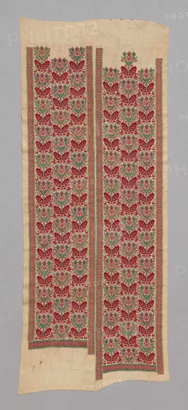 Panel (Half of a Bed Curtain), 17th century, Greece, Dodecanese Islands, Patmos, Pátmos, Linen, plain weave, embroidered with silk in chain, double running, running (pattern darning), satin, and stem stitches, two loom widths joined, 278.8 x 111.4 cm (109 3/4 x 43 3/4 in.)