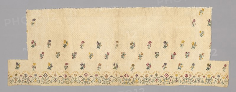 Fragments from a Bedcover made of Petticoat Borders, Late 18th century, France, Cotton, plain weave, embroidered with wool threads in chain stitch, quilted, 87.8 × 246.5 cm (34 1/2 × 97 in.)