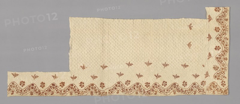 Fragments from a Bedcover made of Petticoat Borders, Late 18th century, France, Cotton, plain weave, embroidered with wool threads in chain stitch, quilted, 82 × 206.5 cm (32 3/8 × 81 1/4 in.)