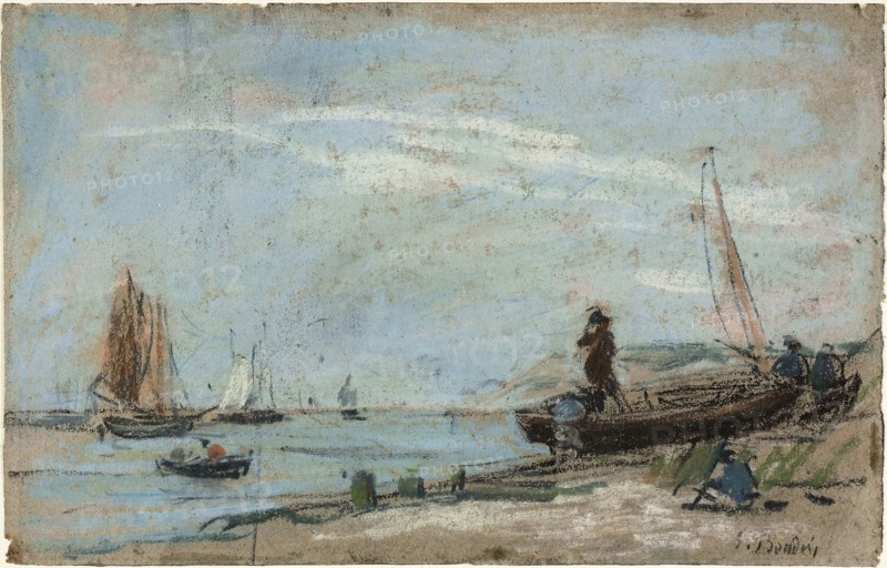 Beach with Fishing Boats (recto), Landscape with Farmer Plowing a Field (verso), 1870/79, Eugène Louis Boudin, French, 1824-1898, France, Pastel on (recto) and charcoal (verso) on grayish-tan wove paper, 195 × 307 mm