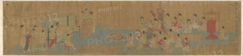 United by Music, Ming dynasty (1368–1644), 15th/16th century, Chinese, Traditionally attributed to Zhou Wenju (10th century), China, Handscroll, ink and colors on silk, 41.9 × 184.2 cm
