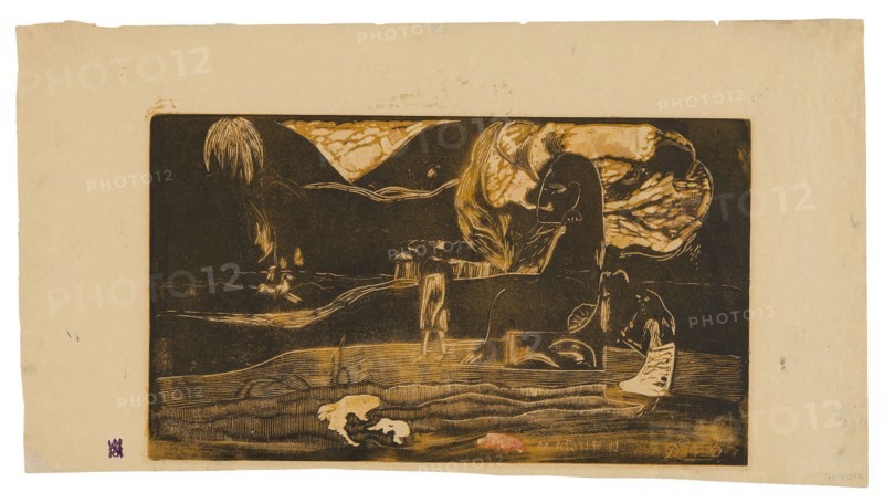 Maruru (Offerings of Gratitude), from the Noa Noa Suite, 1893/94, Paul Gauguin, French, 1848-1903, France, Wood-block print, printed twice in yellow ocher and black inks, with selective wiping of the black ink, over a yellow ink tone block, transferred golden-yellow, green, and red-orange, and stenciled red oil-based media, some containing beeswax and conifer resin (probably pine resin), on cream wove paper, 204 × 356 mm (image), 264 × 502 mm (sheet)