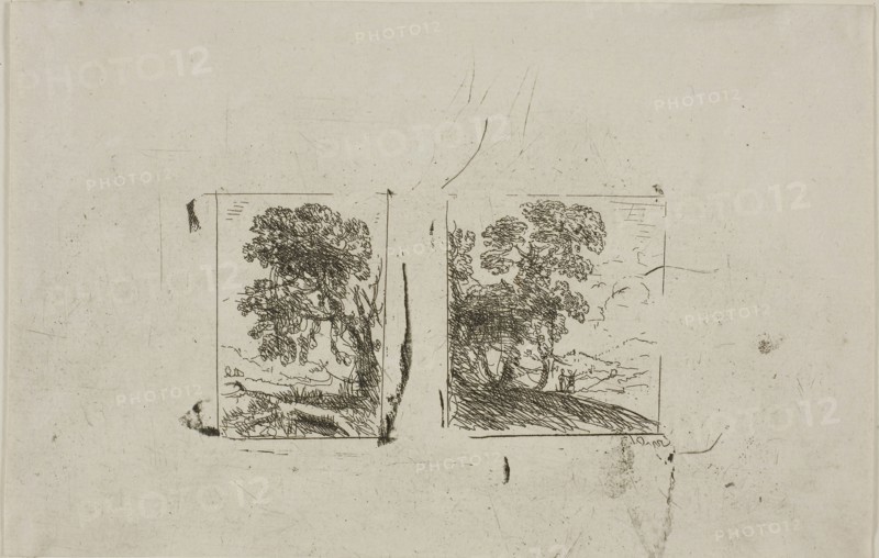 The Two Landscapes, c. 1630, Claude Lorrain, French, 1600-1682, France, Etching on ivory laid paper, 125 × 194 mm (image/sheet, cut within platemark)