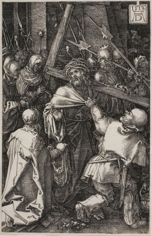 Bearing of the Cross, from The Engraved Passion, 1512, published 1513, Albrecht Dürer, German, 1471-1528, Germany, Engraving in black on ivory laid paper, 116 x 74 mm (image/plate), 118 x 75 mm (sheet)