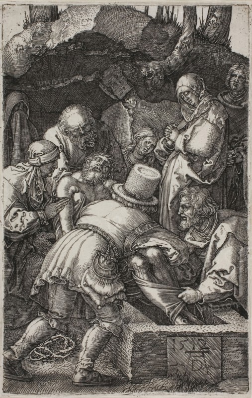 Deposition, from The Engraved Passion, 1512, published 1513, Albrecht Dürer, German, 1471-1528, Germany, Engraving in black on ivory laid paper, 118 x 75 mm (image/plate), 121 x 78 mm (sheet)