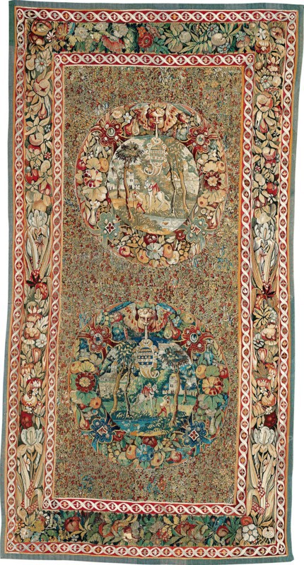 Millefleur with Medallions, 1540/60, Flanders, Bruges, Bruges, Wool, cotton and silk, slit and double interlocking and dovetailed tapestry weaves, 161.4 × 304.2 cm (63 1/2 × 119 3/4 in.)