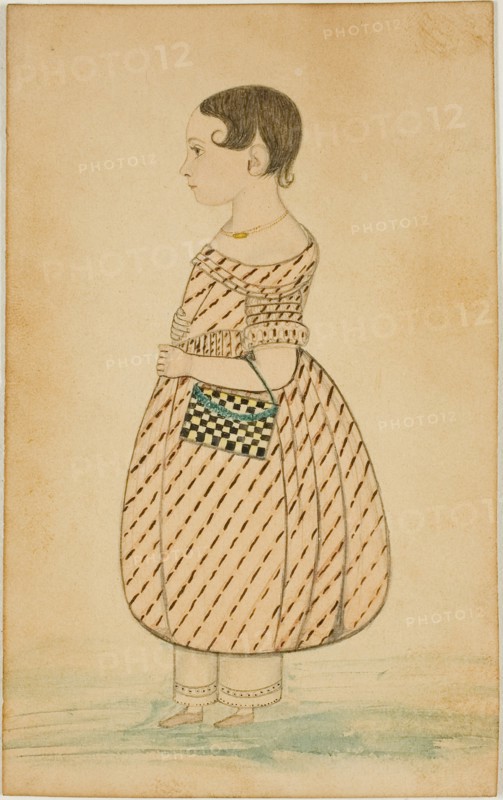 Little Girl with Checkered Purse in Profile to the Left, n.d., Unknown Artist, American or English, 19th century, United States, Graphite, pen and black ink, and watercolor, on cream wove paper (discolored), 121 x 75 mm